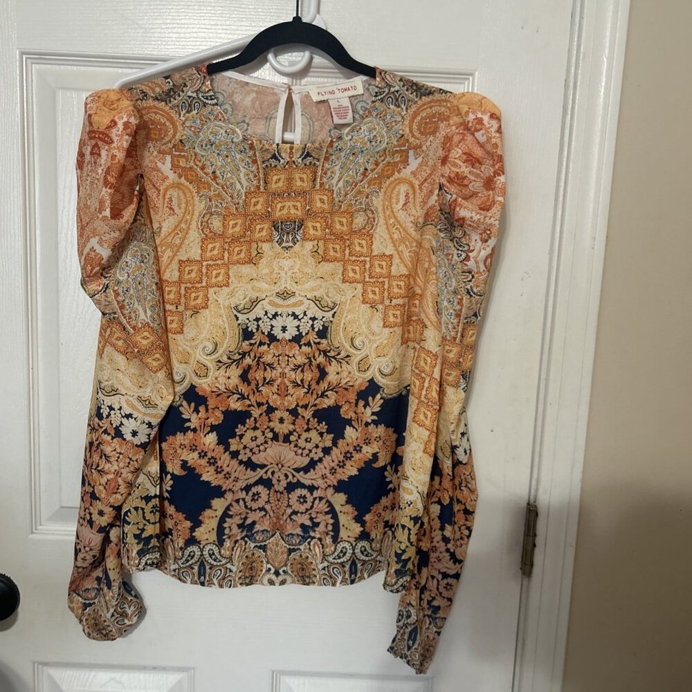 Flying Tomato Large Flowy Top Orange Blue Yellow Floral Balloon Sleeve EUC